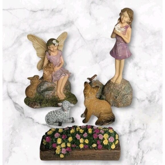 5 Miniature Fairy Garden Figurines Fox Lamb Fairies Animals Cottagecore Set READ - Picture 1 of 16